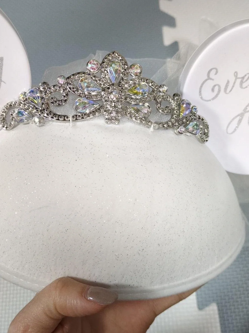 Disney White Bridal Mickey Ear Headband with Veil and Silver Tiara